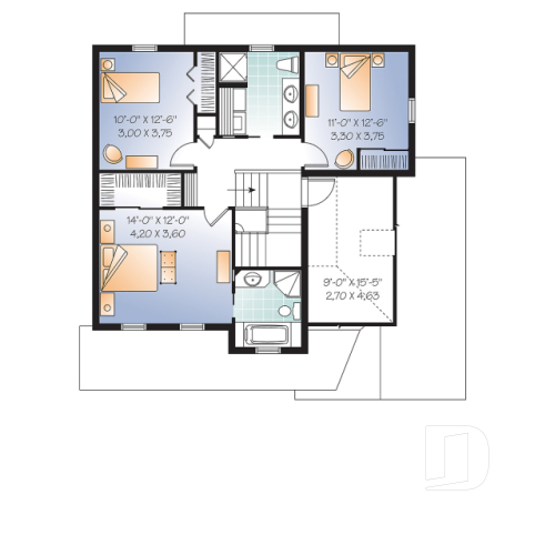 2nd level - 3 bedrooms, 2 storey house plan with garage, master suite and laundry room on 2nd floor, den - Dempsey