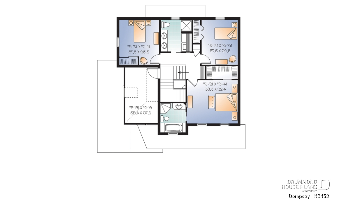 2nd level - 3 bedrooms, 2 storey house plan with garage, master suite and laundry room on 2nd floor, den - Dempsey