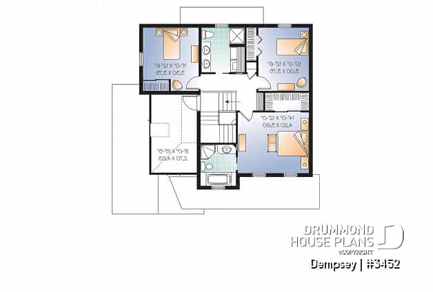 2nd level - 3 bedrooms, 2 storey house plan with garage, master suite and laundry room on 2nd floor, den - Dempsey