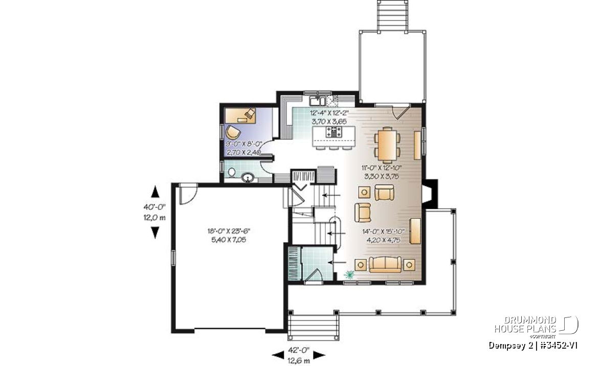 1st level - 3 to 4 bedroom American Country house plan with bonus space, garage and home office - Dempsey 2