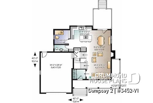 1st level - 3 to 4 bedroom American Country house plan with bonus space, garage and home office - Dempsey 2