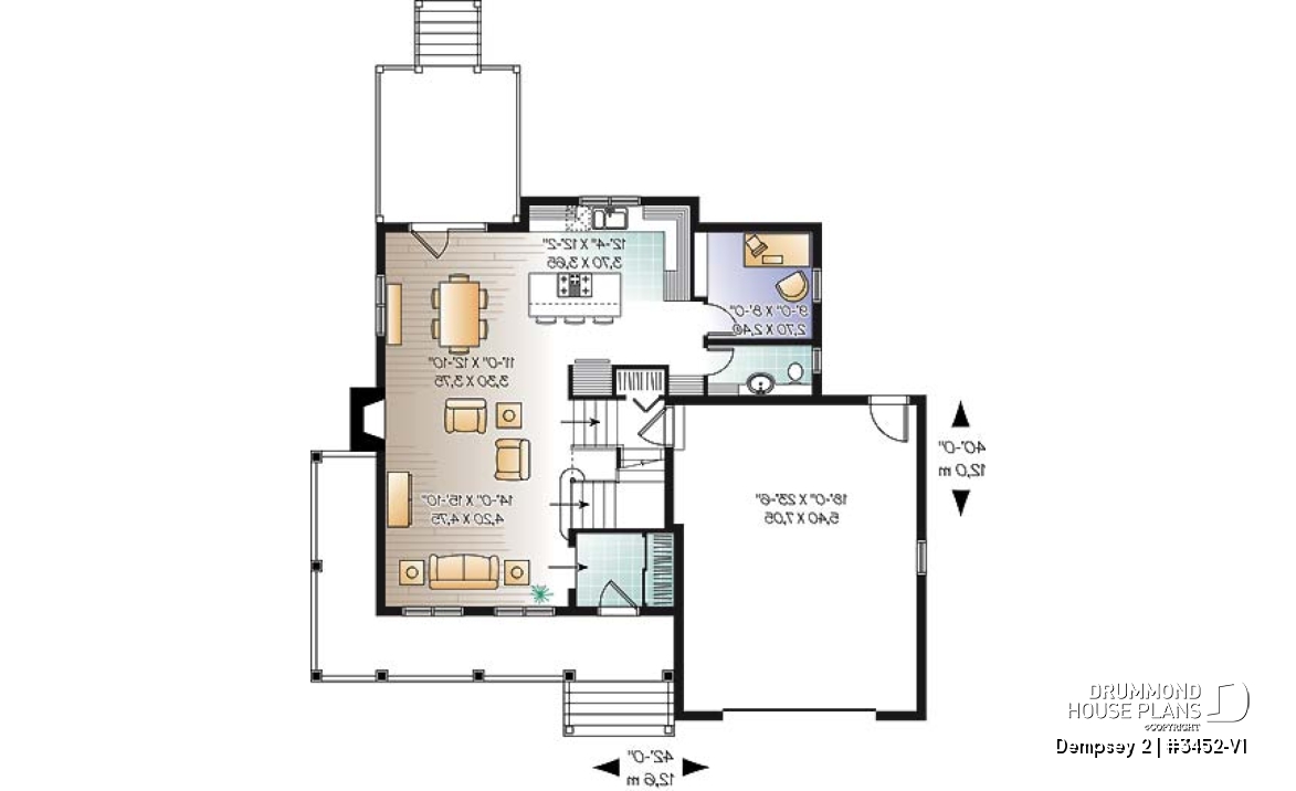 1st level - 3 to 4 bedroom American Country house plan with bonus space, garage and home office - Dempsey 2