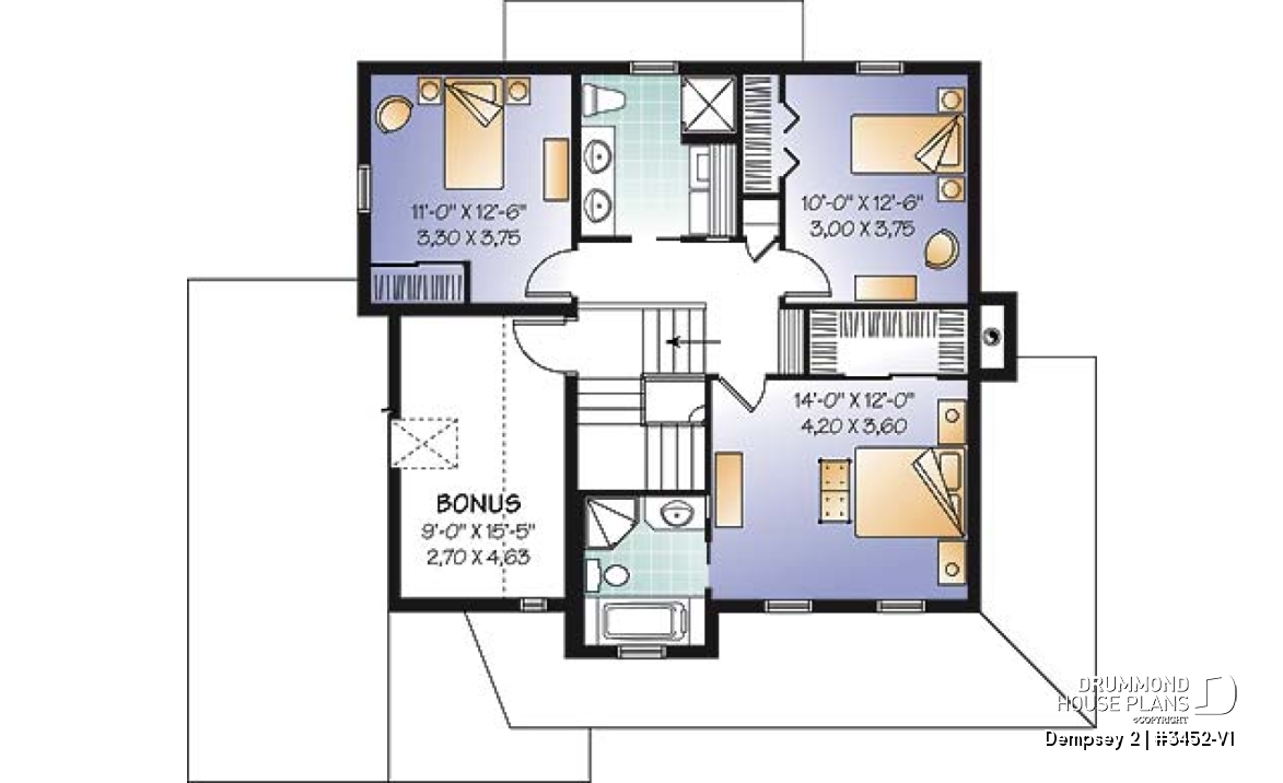 2nd level - 3 to 4 bedroom American Country house plan with bonus space, garage and home office - Dempsey 2