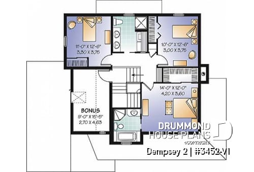 2nd level - 3 to 4 bedroom American Country house plan with bonus space, garage and home office - Dempsey 2