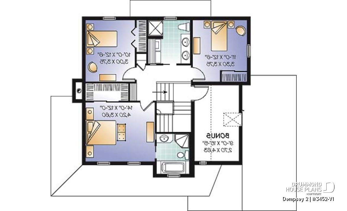 2nd level - 3 to 4 bedroom American Country house plan with bonus space, garage and home office - Dempsey 2