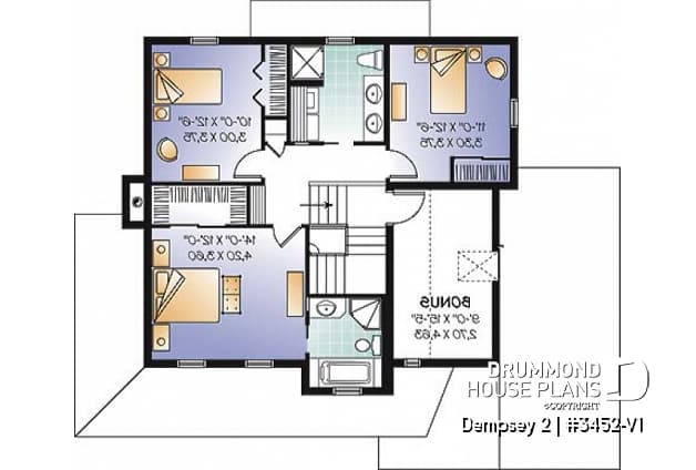 2nd level - 3 to 4 bedroom American Country house plan with bonus space, garage and home office - Dempsey 2