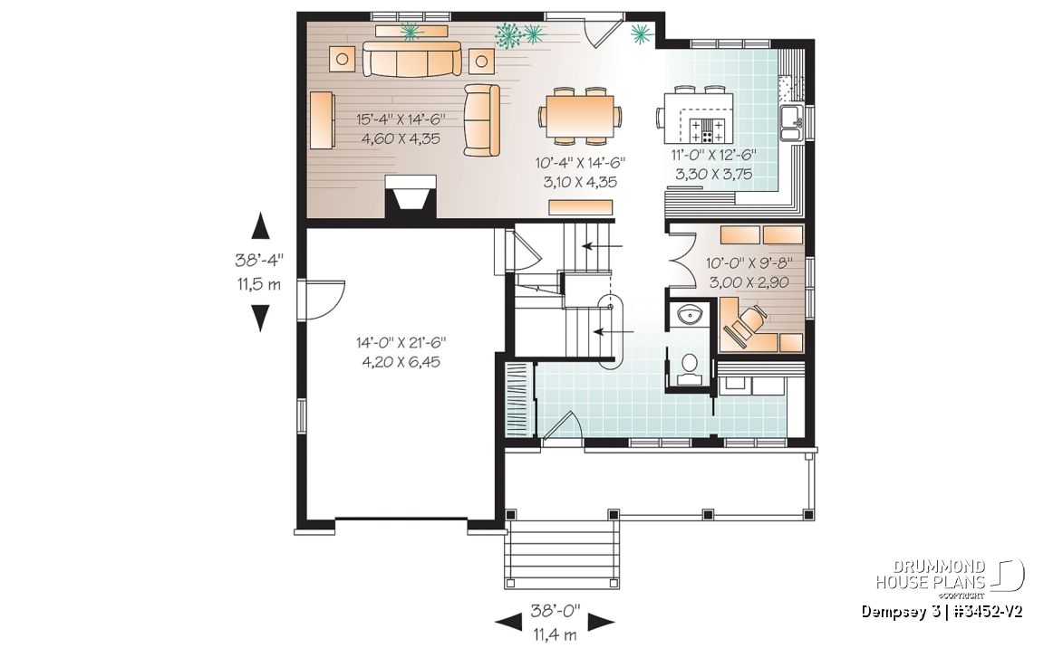 1st level - 2 storey Country house plan with large front porch, open floor plan concept, home office, launtry room - Dempsey 3