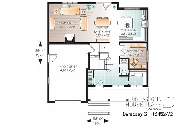 1st level - 2 storey Country house plan with large front porch, open floor plan concept, home office, launtry room - Dempsey 3