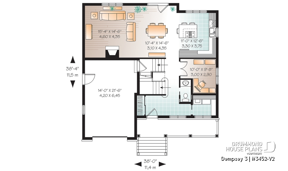 1st level - 2 storey Country house plan with large front porch, open floor plan concept, home office, launtry room - Dempsey 3