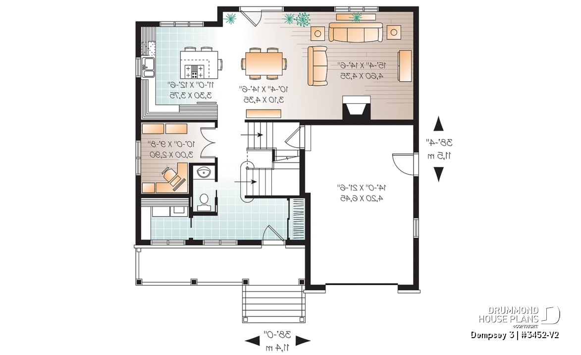 1st level - 2 storey Country house plan with large front porch, open floor plan concept, home office, launtry room - Dempsey 3