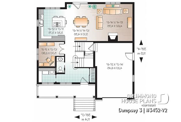 1st level - 2 storey Country house plan with large front porch, open floor plan concept, home office, launtry room - Dempsey 3
