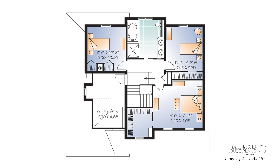 2nd level - 2 storey Country house plan with large front porch, open floor plan concept, home office, launtry room - Dempsey 3