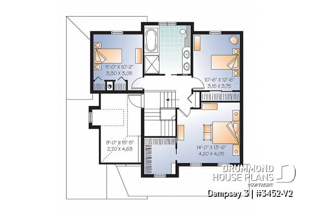 2nd level - 2 storey Country house plan with large front porch, open floor plan concept, home office, launtry room - Dempsey 3