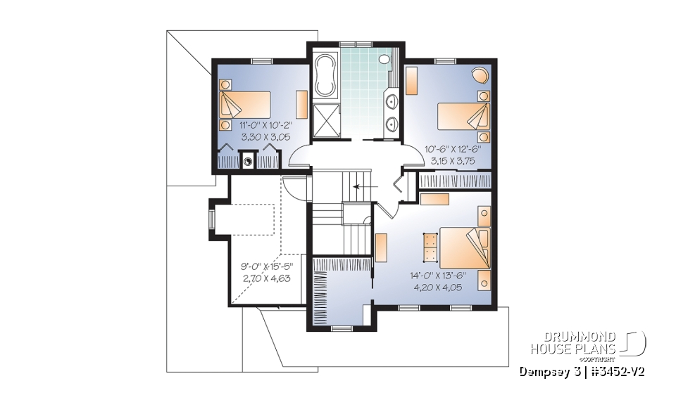 2nd level - 2 storey Country house plan with large front porch, open floor plan concept, home office, launtry room - Dempsey 3