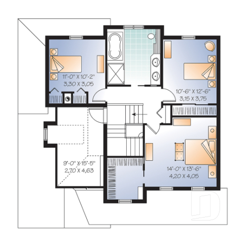 2nd level - 2 storey Country house plan with large front porch, open floor plan concept, home office, launtry room - Dempsey 3