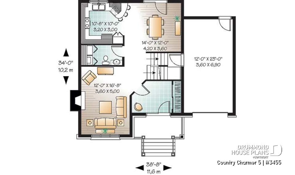 1st level - Manor style 3 bedroom house plan, large foyer, garage with large bonus room above - Country Charmer 5