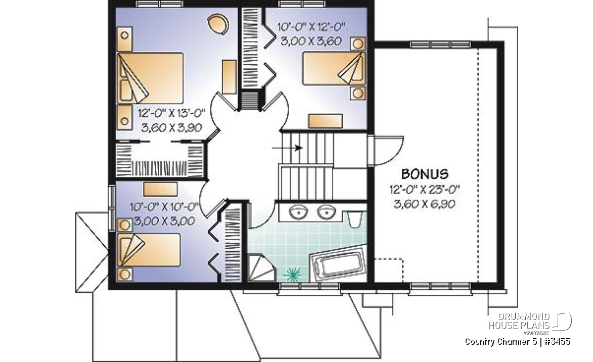 2nd level - Manor style 3 bedroom house plan, large foyer, garage with large bonus room above - Country Charmer 5