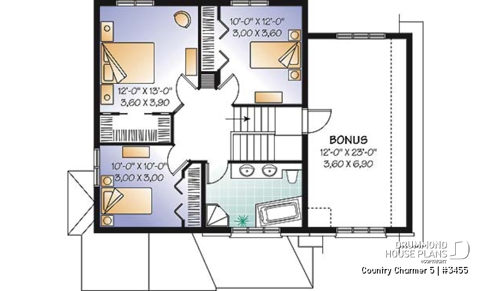 2nd level - Manor style 3 bedroom house plan, large foyer, garage with large bonus room above - Country Charmer 5