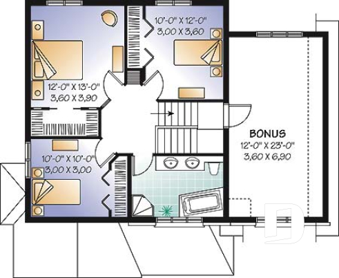 2nd level - Manor style 3 bedroom house plan, large foyer, garage with large bonus room above - Country Charmer 5