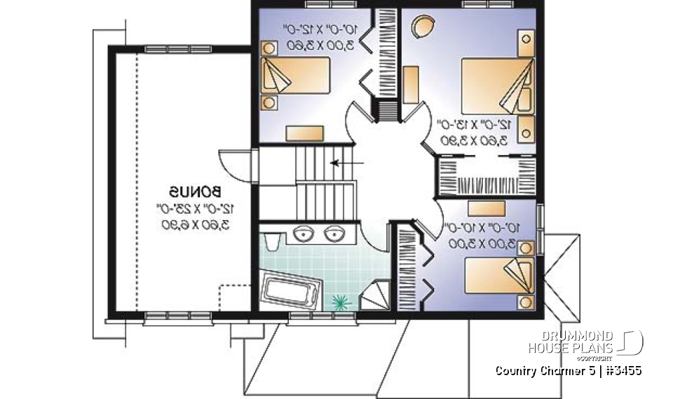 2nd level - Manor style 3 bedroom house plan, large foyer, garage with large bonus room above - Country Charmer 5