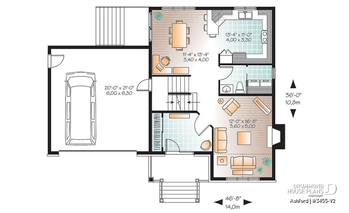 1st level - Budget friendly mountain style house plan, 3 bedrooms, unfinished daylight basement, laundry on main floor - Ashford