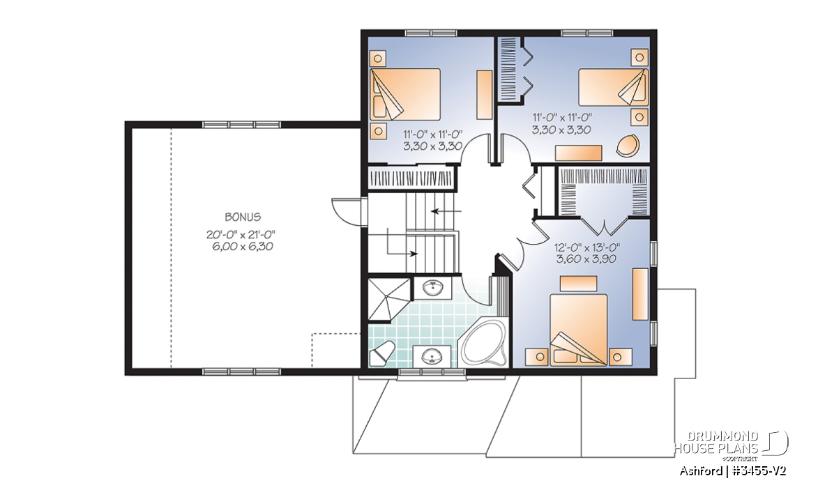 2nd level - Budget friendly mountain style house plan, 3 bedrooms, unfinished daylight basement, laundry on main floor - Ashford