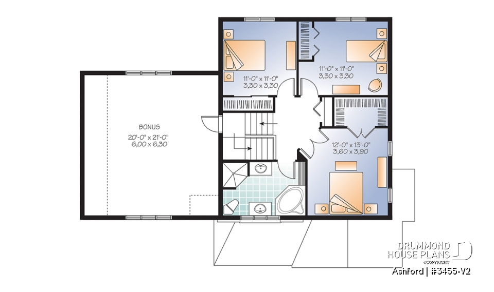2nd level - Budget friendly mountain style house plan, 3 bedrooms, unfinished daylight basement, laundry on main floor - Ashford
