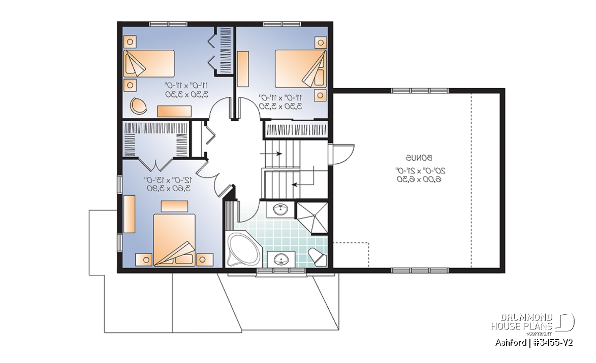 2nd level - Budget friendly mountain style house plan, 3 bedrooms, unfinished daylight basement, laundry on main floor - Ashford