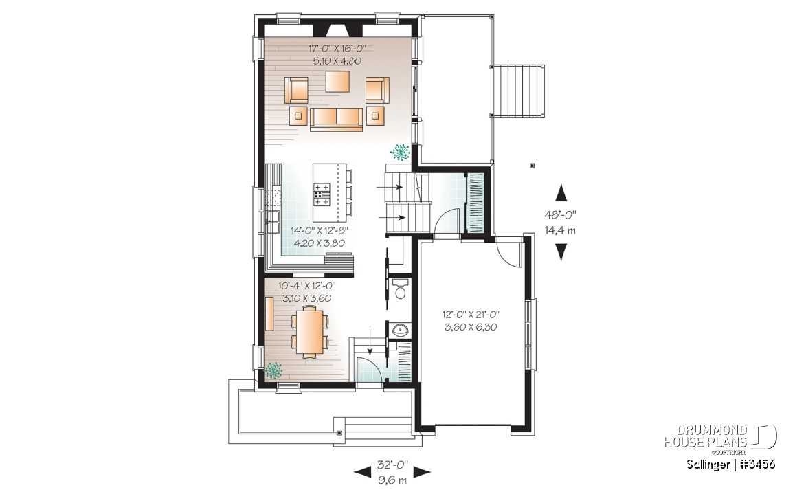 1st level - Striking 2 bedroom contemporary house plan with garage, large family room with fireplace - Sallinger