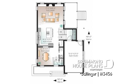 1st level - Striking 2 bedroom contemporary house plan with garage, large family room with fireplace - Sallinger