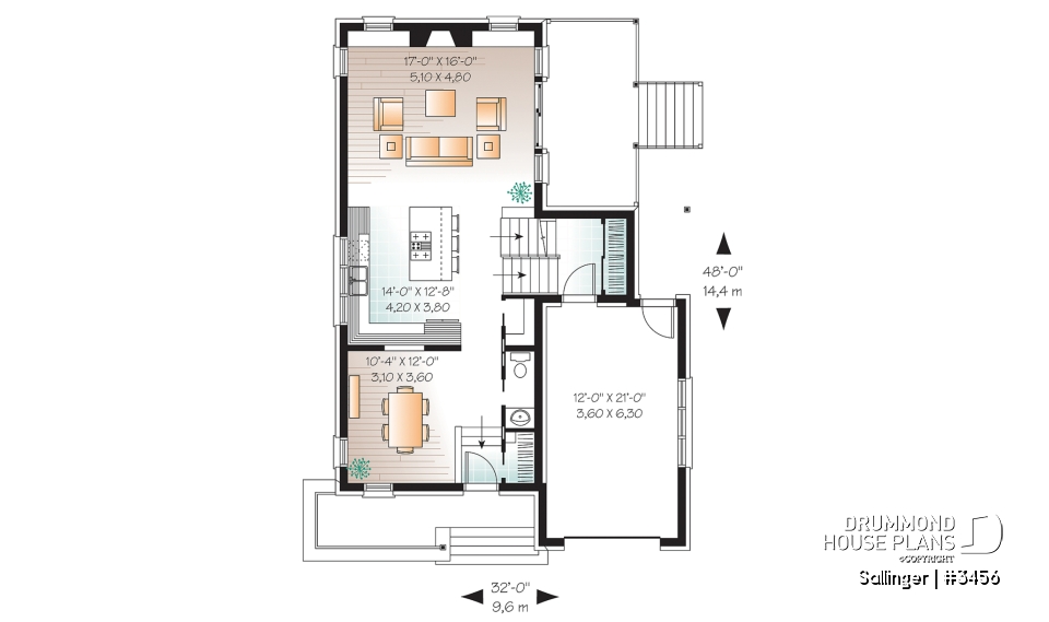 1st level - Striking 2 bedroom contemporary house plan with garage, large family room with fireplace - Sallinger