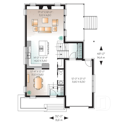1st level - Striking 2 bedroom contemporary house plan with garage, large family room with fireplace - Sallinger