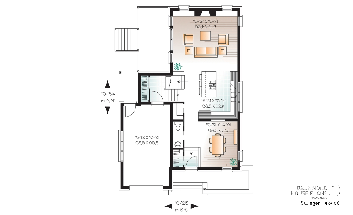 1st level - Striking 2 bedroom contemporary house plan with garage, large family room with fireplace - Sallinger