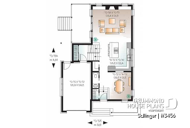 1st level - Striking 2 bedroom contemporary house plan with garage, large family room with fireplace - Sallinger
