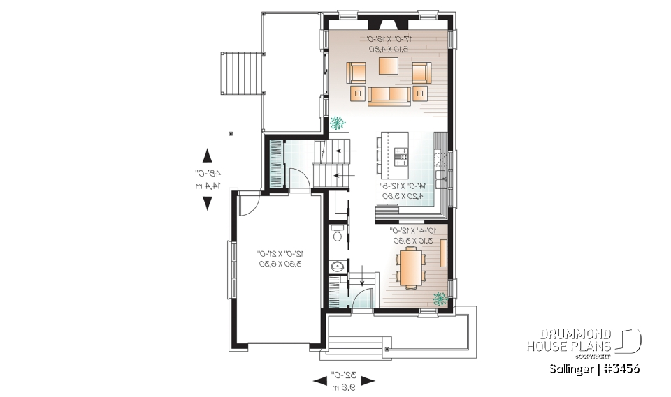 1st level - Striking 2 bedroom contemporary house plan with garage, large family room with fireplace - Sallinger