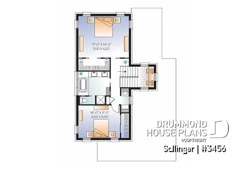 2nd level - Striking 2 bedroom contemporary house plan with garage, large family room with fireplace - Sallinger