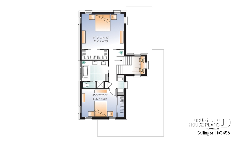 2nd level - Striking 2 bedroom contemporary house plan with garage, large family room with fireplace - Sallinger