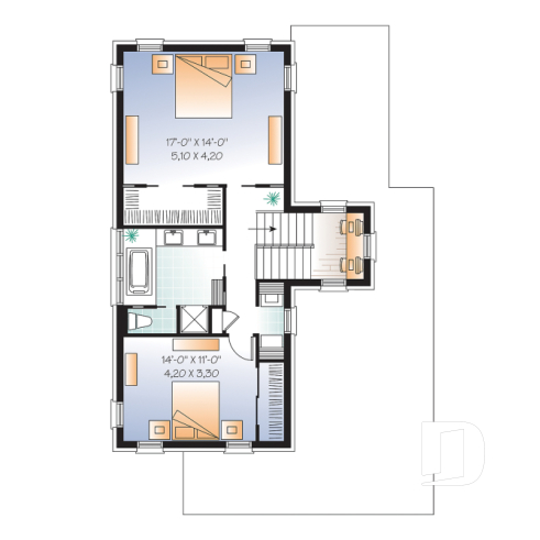 2nd level - Striking 2 bedroom contemporary house plan with garage, large family room with fireplace - Sallinger