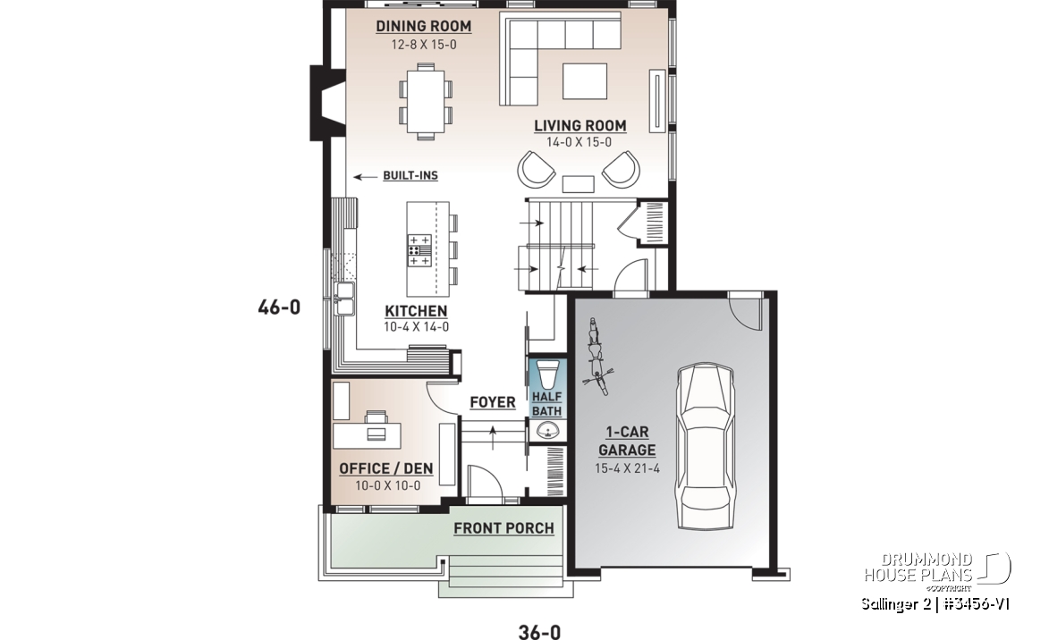 1st level - Striking 3 bedroom contemporary house plan with home office, open floor plan with fireplace and garage - Sallinger 2