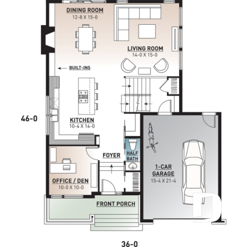 1st level - Striking 3 bedroom contemporary house plan with home office, open floor plan with fireplace and garage - Sallinger 2