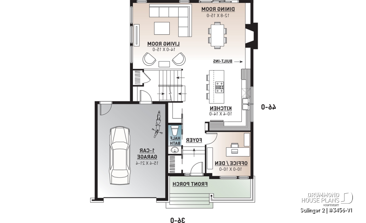 1st level - Striking 3 bedroom contemporary house plan with home office, open floor plan with fireplace and garage - Sallinger 2