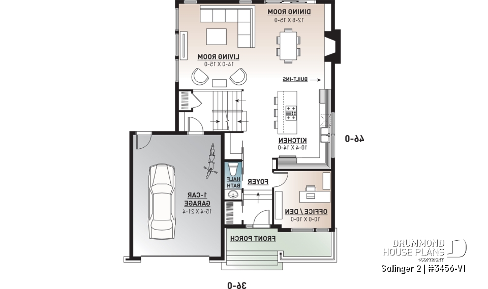 1st level - Striking 3 bedroom contemporary house plan with home office, open floor plan with fireplace and garage - Sallinger 2