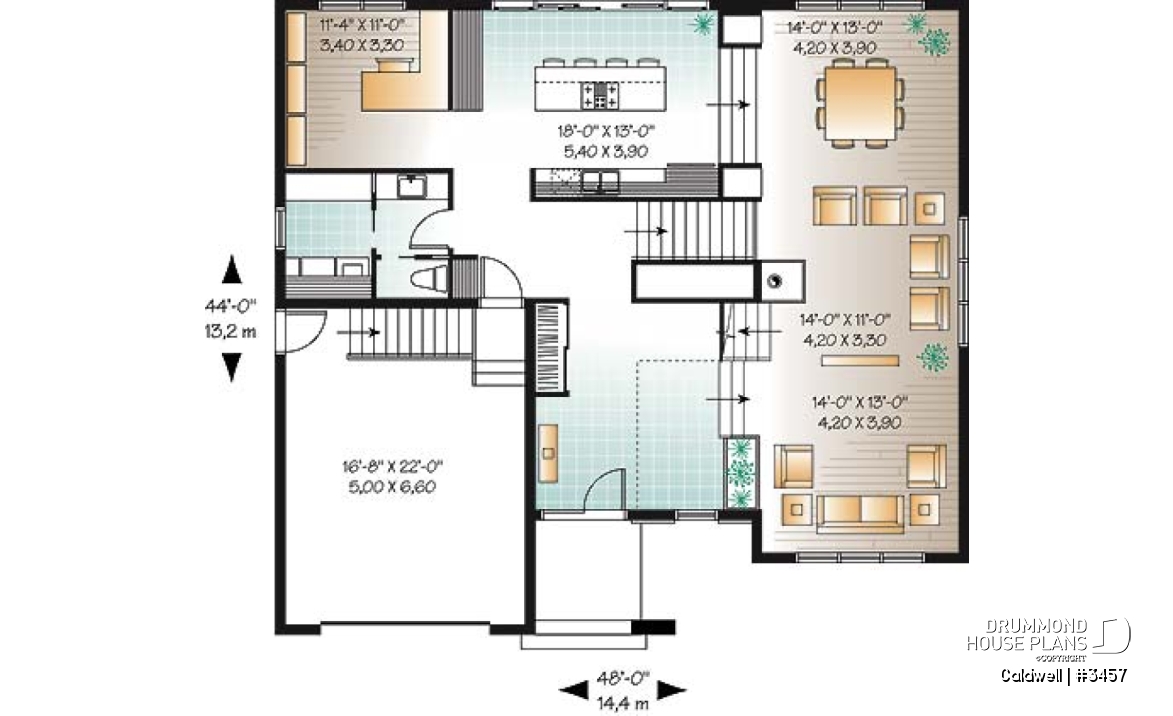 1st level - Cube-shaped house plan, 4bedrooms 3 bathrooms, open floor plan, kitchen island, home office, media room - Caldwell