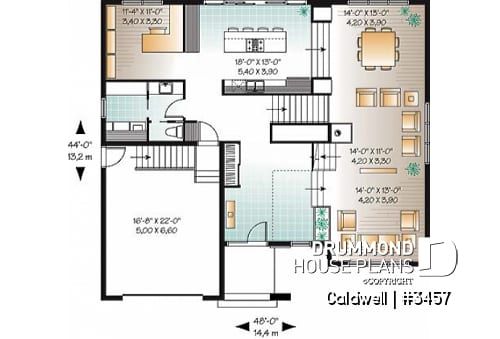 1st level - Cube-shaped house plan, 4bedrooms 3 bathrooms, open floor plan, kitchen island, home office, media room - Caldwell
