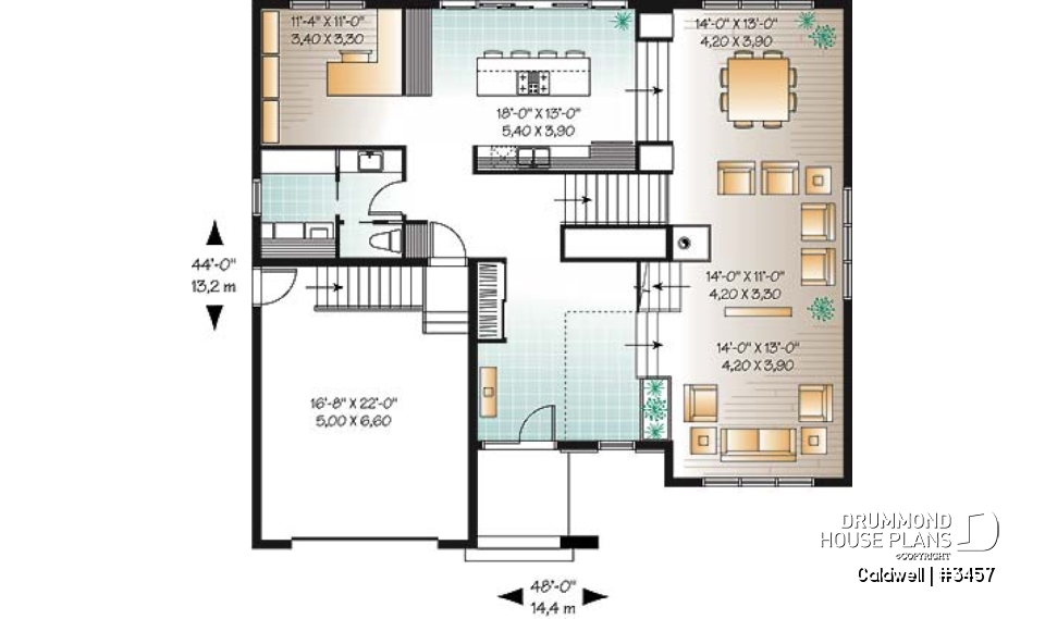 1st level - Cube-shaped house plan, 4bedrooms 3 bathrooms, open floor plan, kitchen island, home office, media room - Caldwell