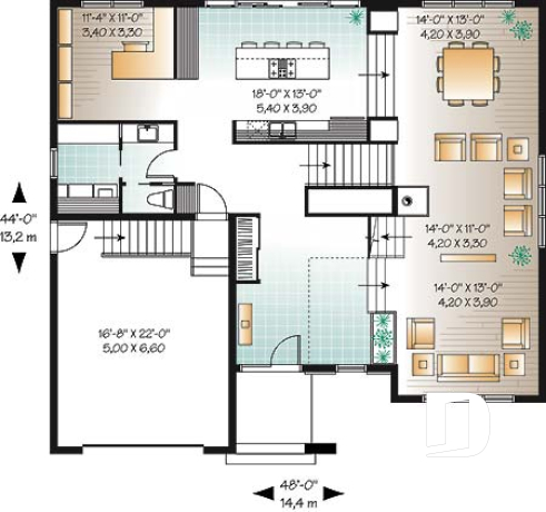 1st level - Cube-shaped house plan, 4bedrooms 3 bathrooms, open floor plan, kitchen island, home office, media room - Caldwell