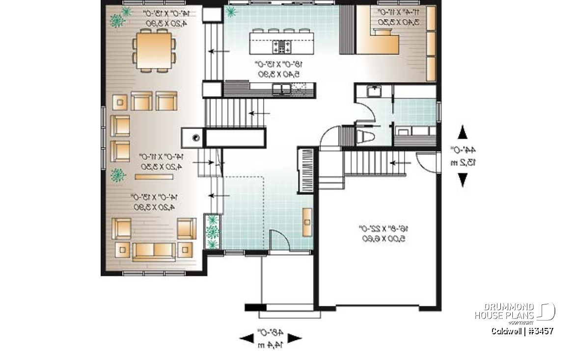 1st level - Cube-shaped house plan, 4bedrooms 3 bathrooms, open floor plan, kitchen island, home office, media room - Caldwell