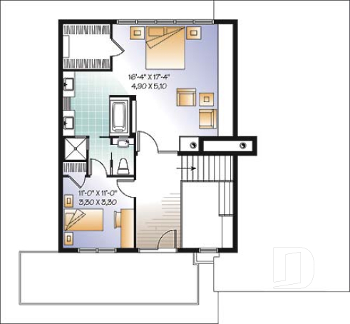 2nd level - Cube-shaped house plan, 4bedrooms 3 bathrooms, open floor plan, kitchen island, home office, media room - Caldwell