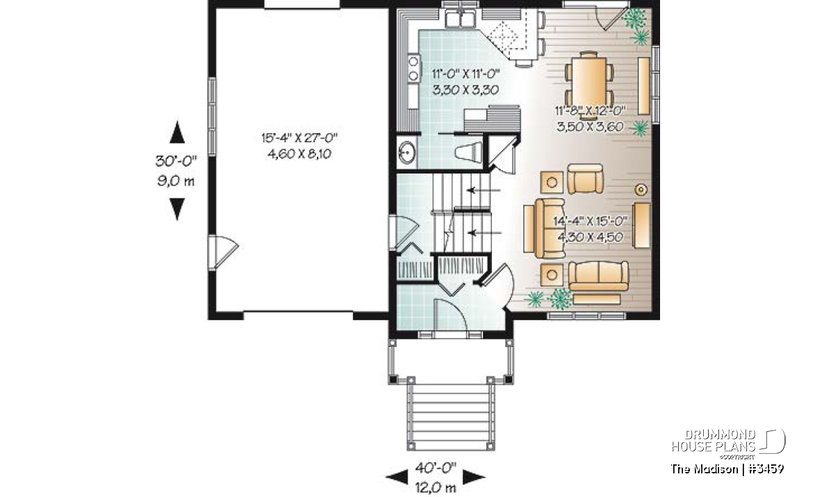 1st level - Modern rustic 4 to 5 bedrooms house plan, laundry on second floor, garage, master suite, open concept - The Madison