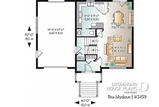 1st level - Modern rustic 4 to 5 bedrooms house plan, laundry on second floor, garage, master suite, open concept - The Madison